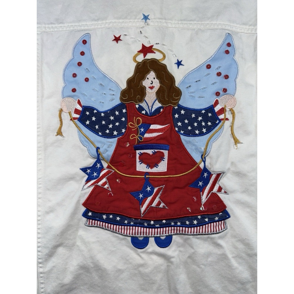The Quacker Factory Denim Jacket Womens L Embroidered Angel Stars USA Americana